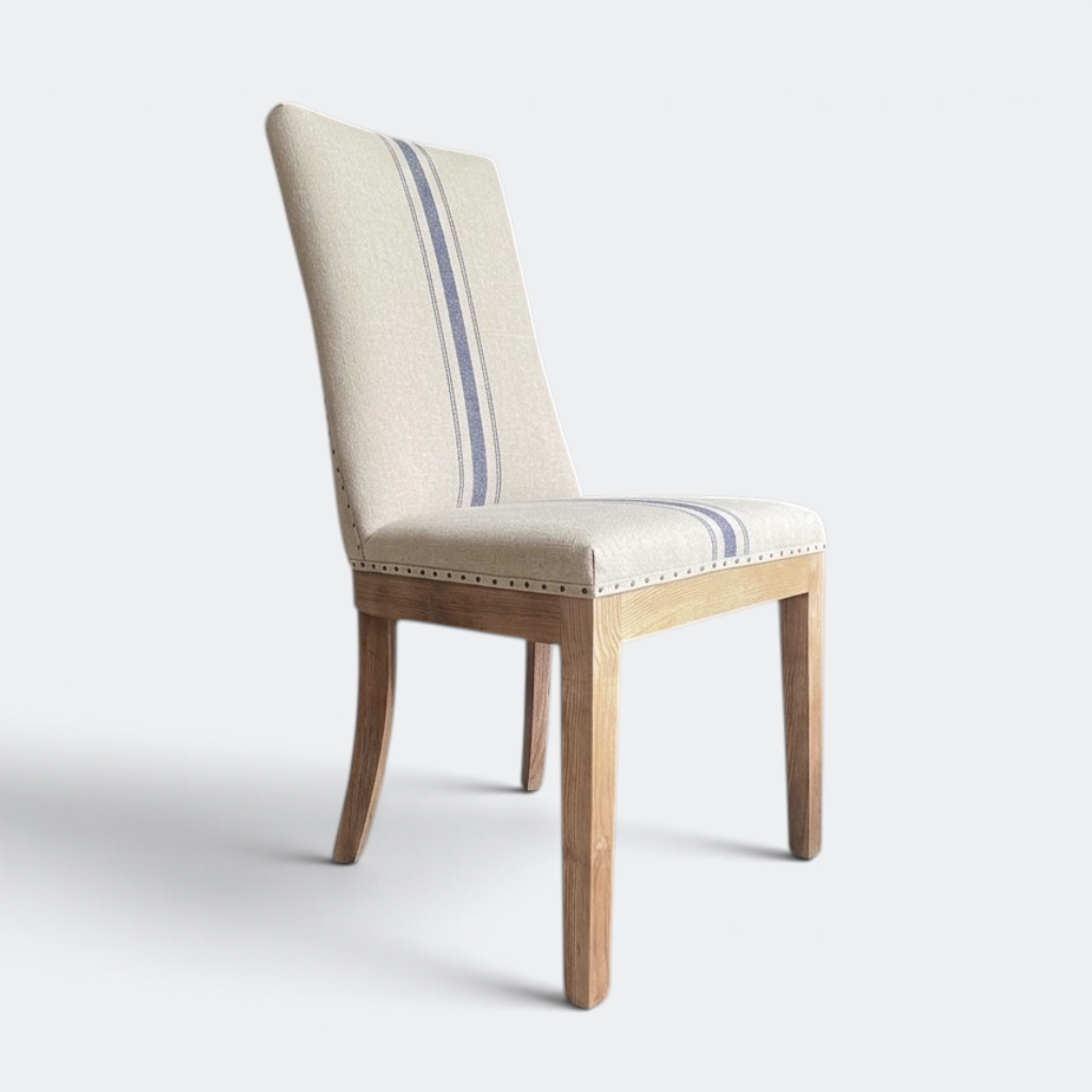 Linen Upholstered Oak Dining Chair in Stripe