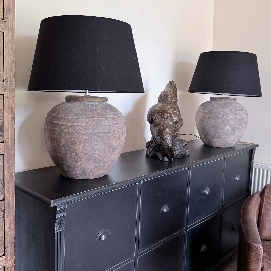 Large Terracotta Table Lamp with Black Shade