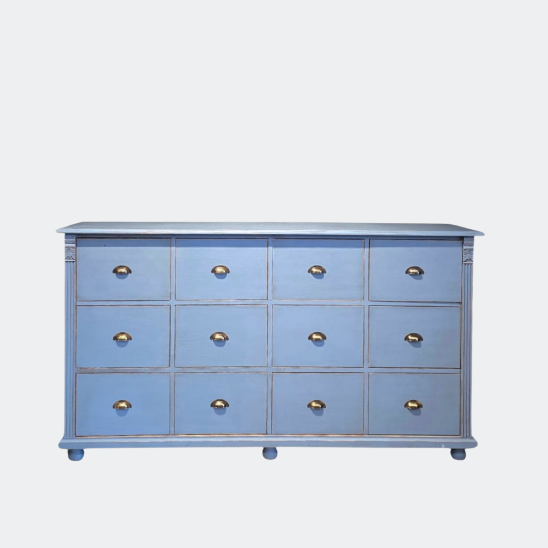 Distressed Blue Wood Chest of Drawers | 12-Drawer Farmhouse Storage Unit