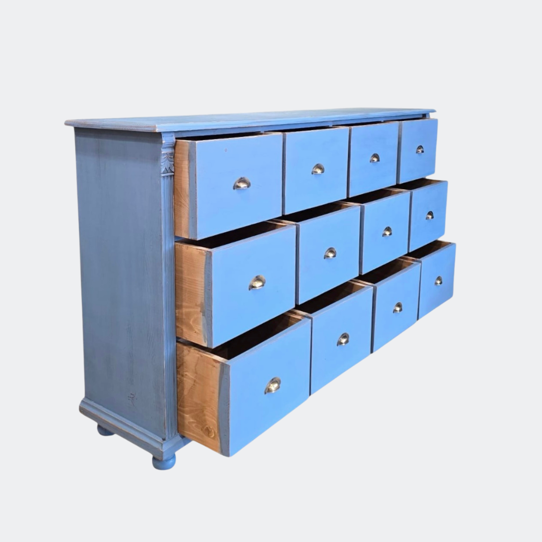 Distressed Blue Wood Chest of Drawers | 12-Drawer Farmhouse Storage Unit