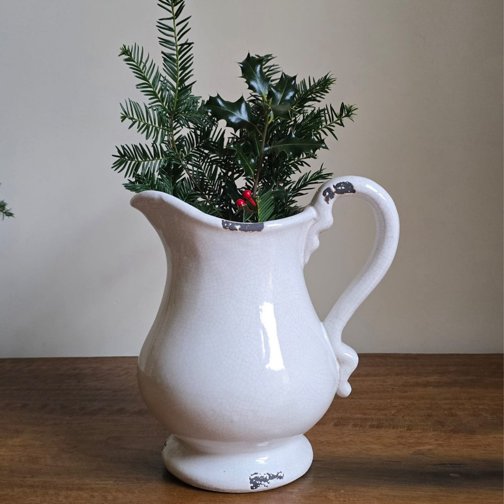 Vintage White Ceramic Jug - Farmhouse Pitcher with Handle