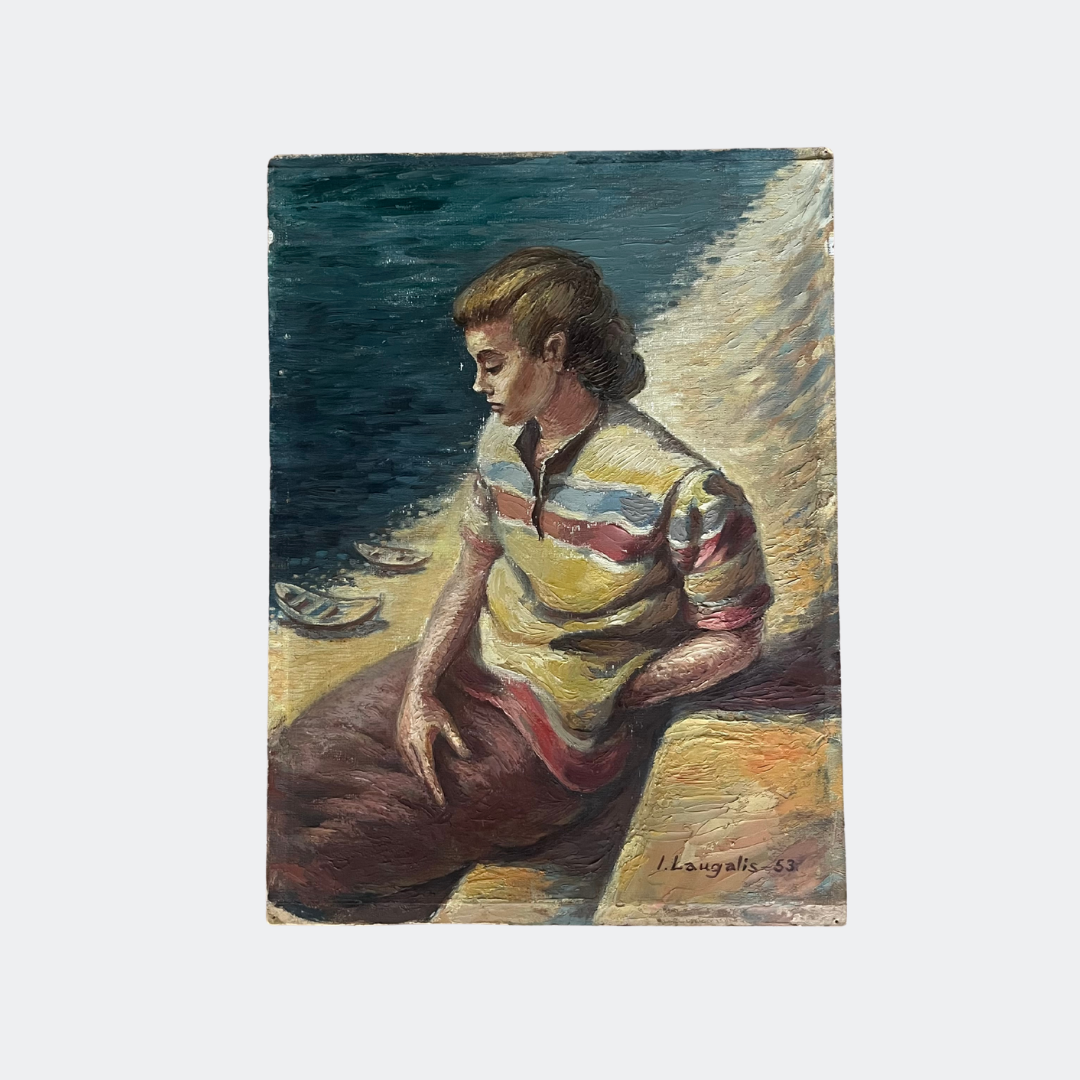 Vintage 1953 Seaside Woman Oil Painting