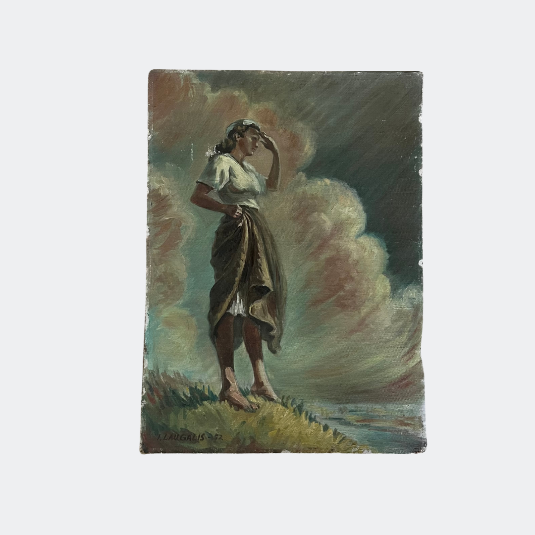 Vintage 1952 Seaside Woman Oil Painting