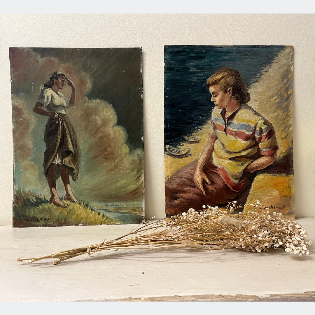 Vintage 1952 Seaside Woman Oil Painting
