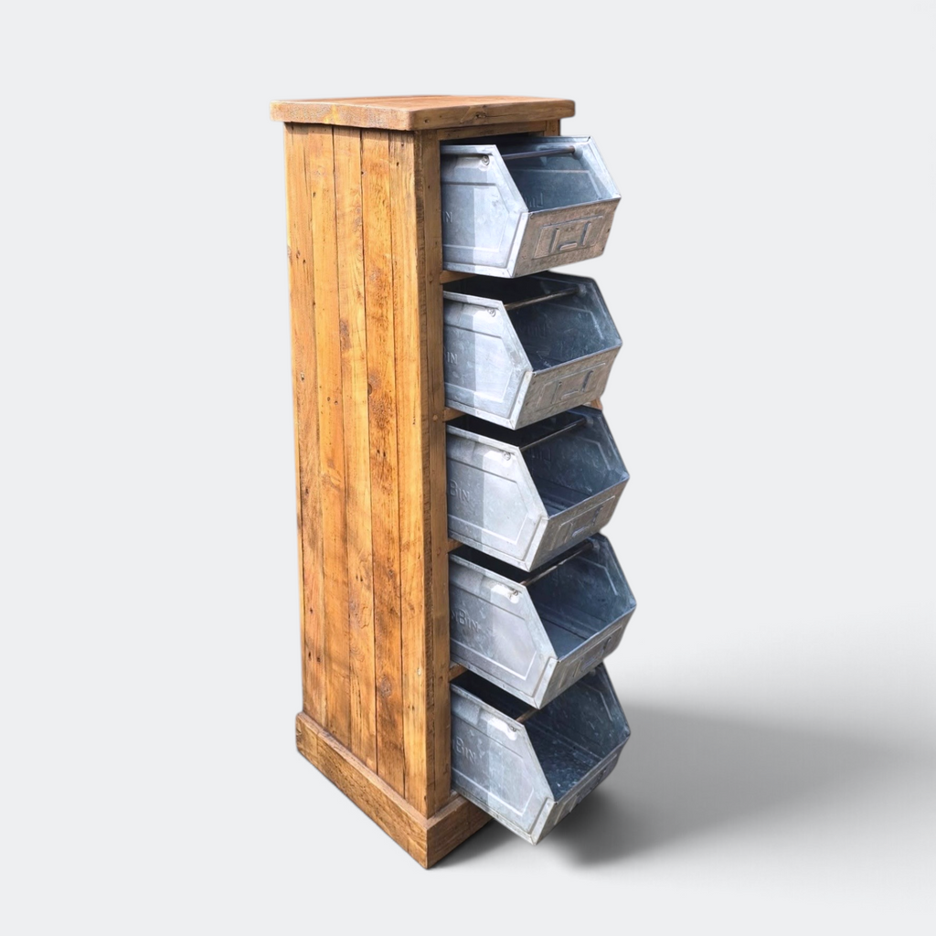 Reclaimed Pine Storage Unit with Industrial Tub 5 Drawers