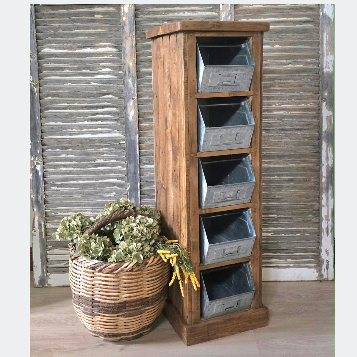 Reclaimed Pine Storage Unit with Industrial Tub 5 Drawers