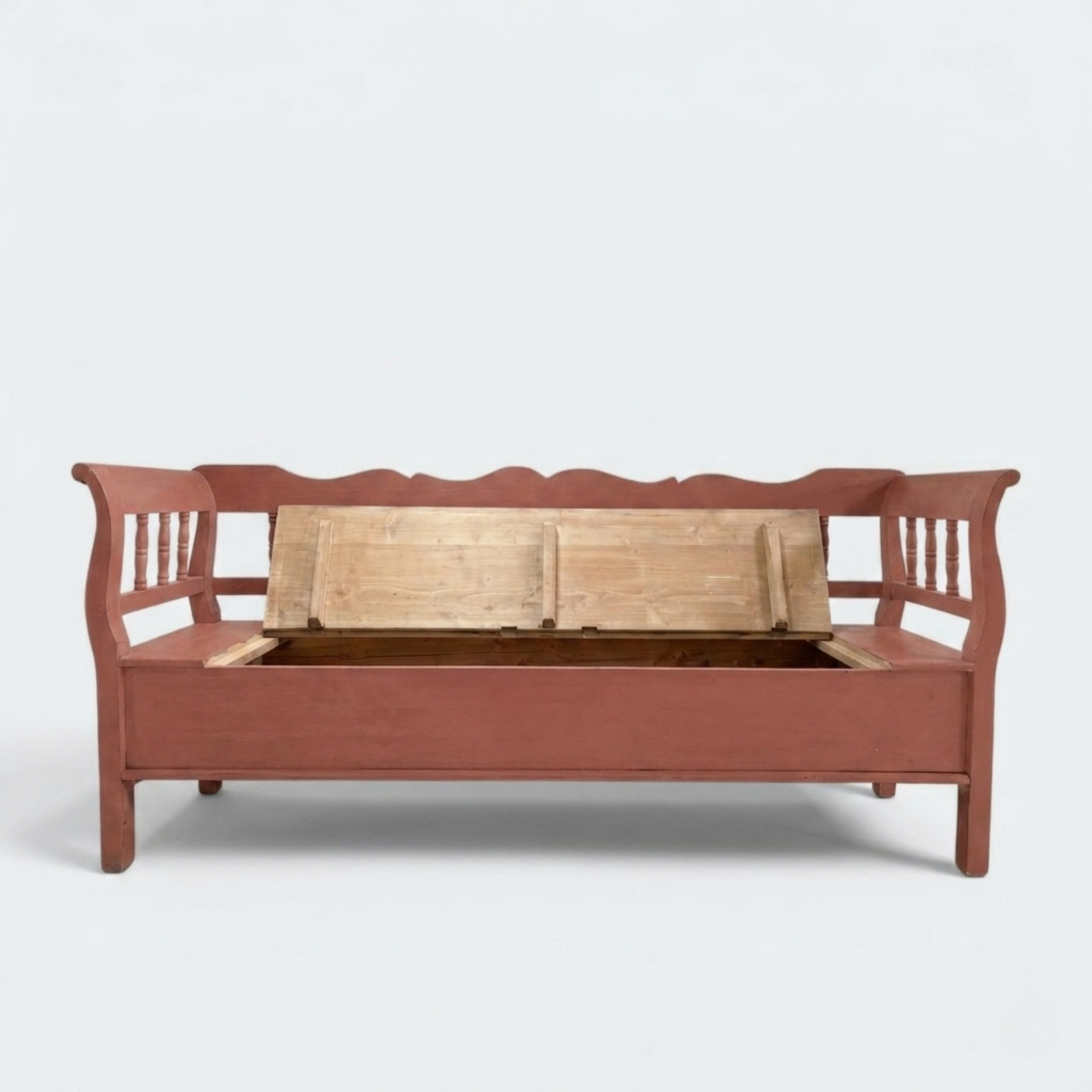 Deep hidden storage compartment under lift-up seat of handmade Dutch solid pine settle bench, ideal hallway or boot room storage