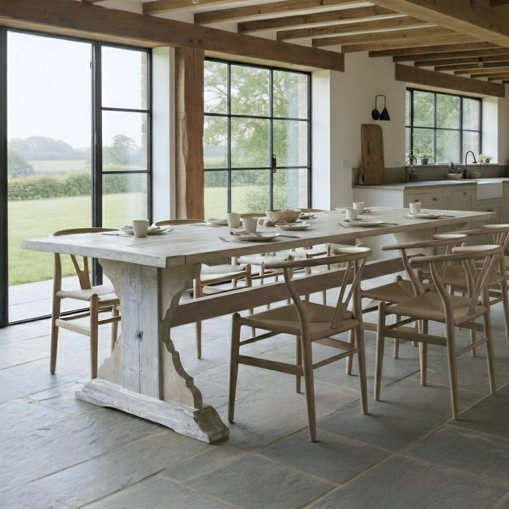 Dining room with a long wooden table and chairs, large windows, and a view of greenery outside.