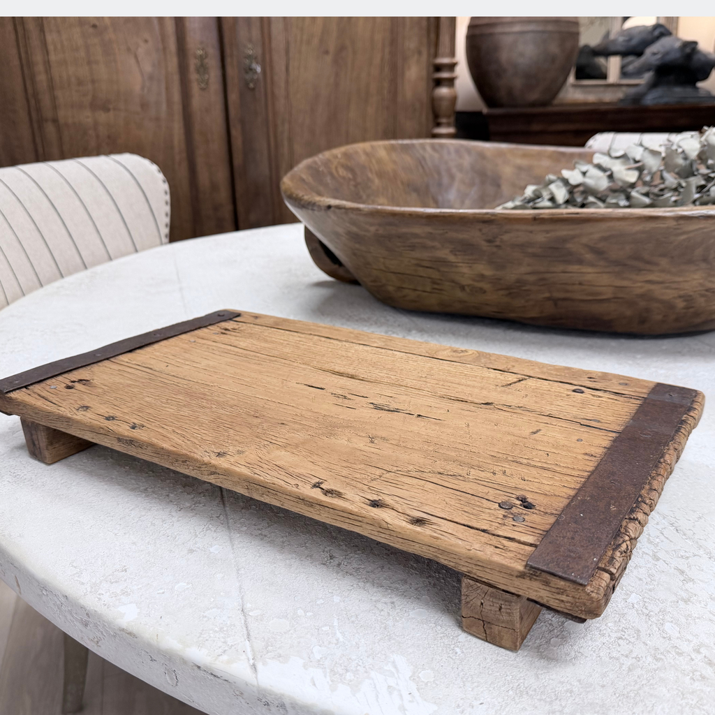 Vintage Wood Tray Stand with Iron Straps