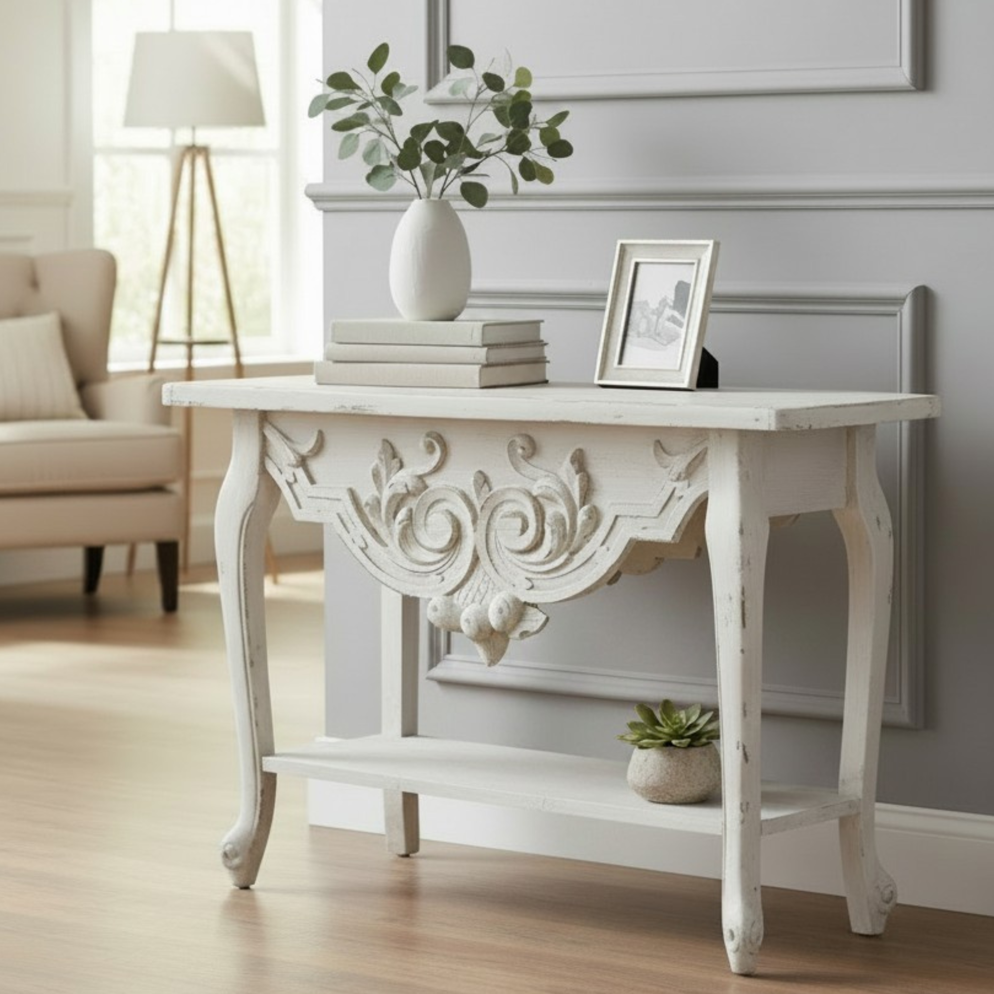 Vintage French Style Console Table | Reclaimed Armoire Wood & Antique Moulding