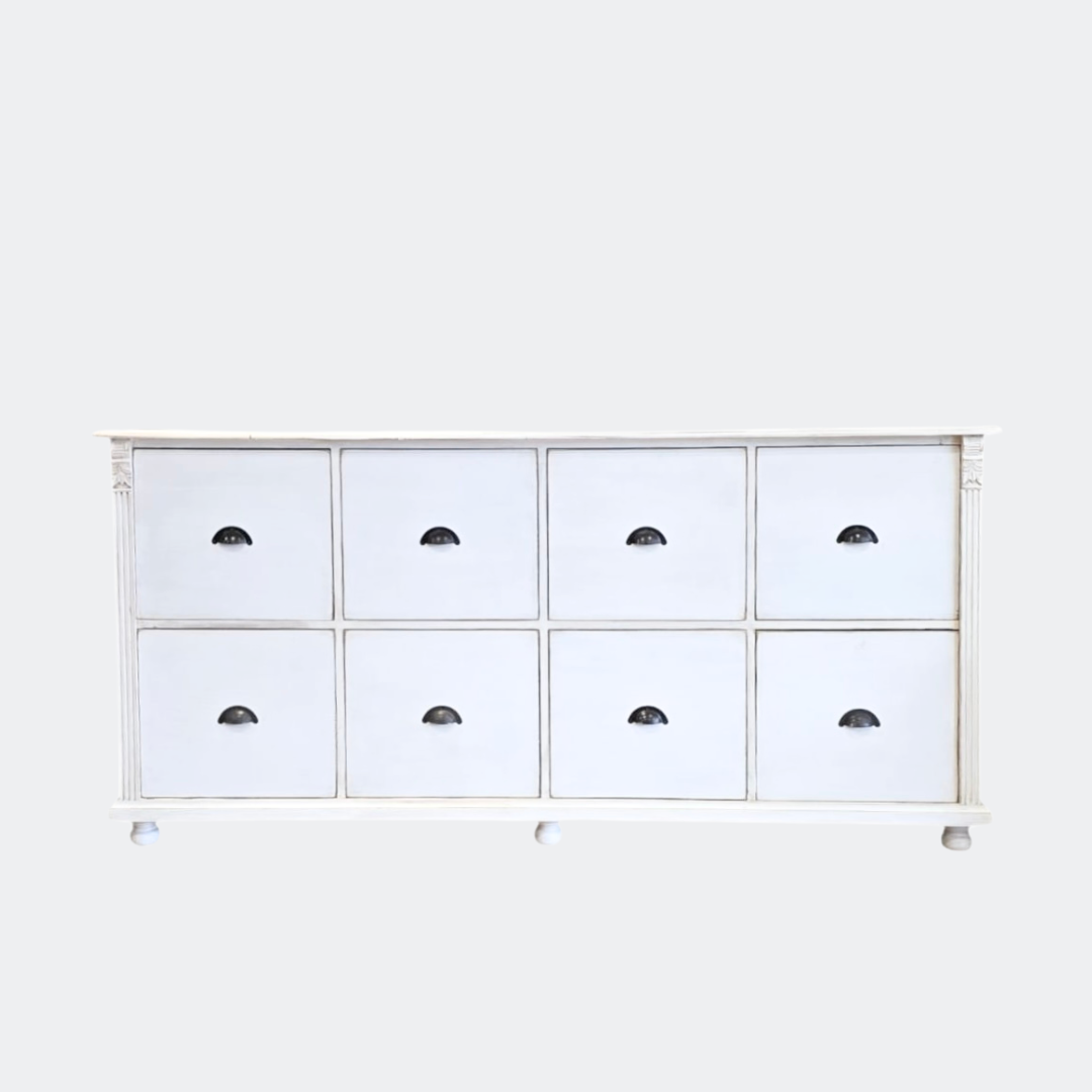 Distressed White Wood Chest of Drawers | 8-Drawer Farmhouse Storage Unit