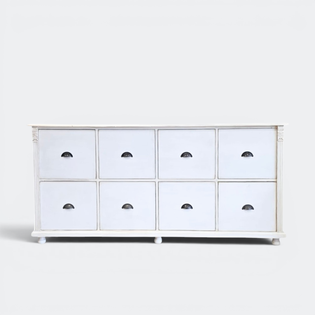 Distressed White Wood Chest of Drawers | 8-Drawer Farmhouse Storage Unit