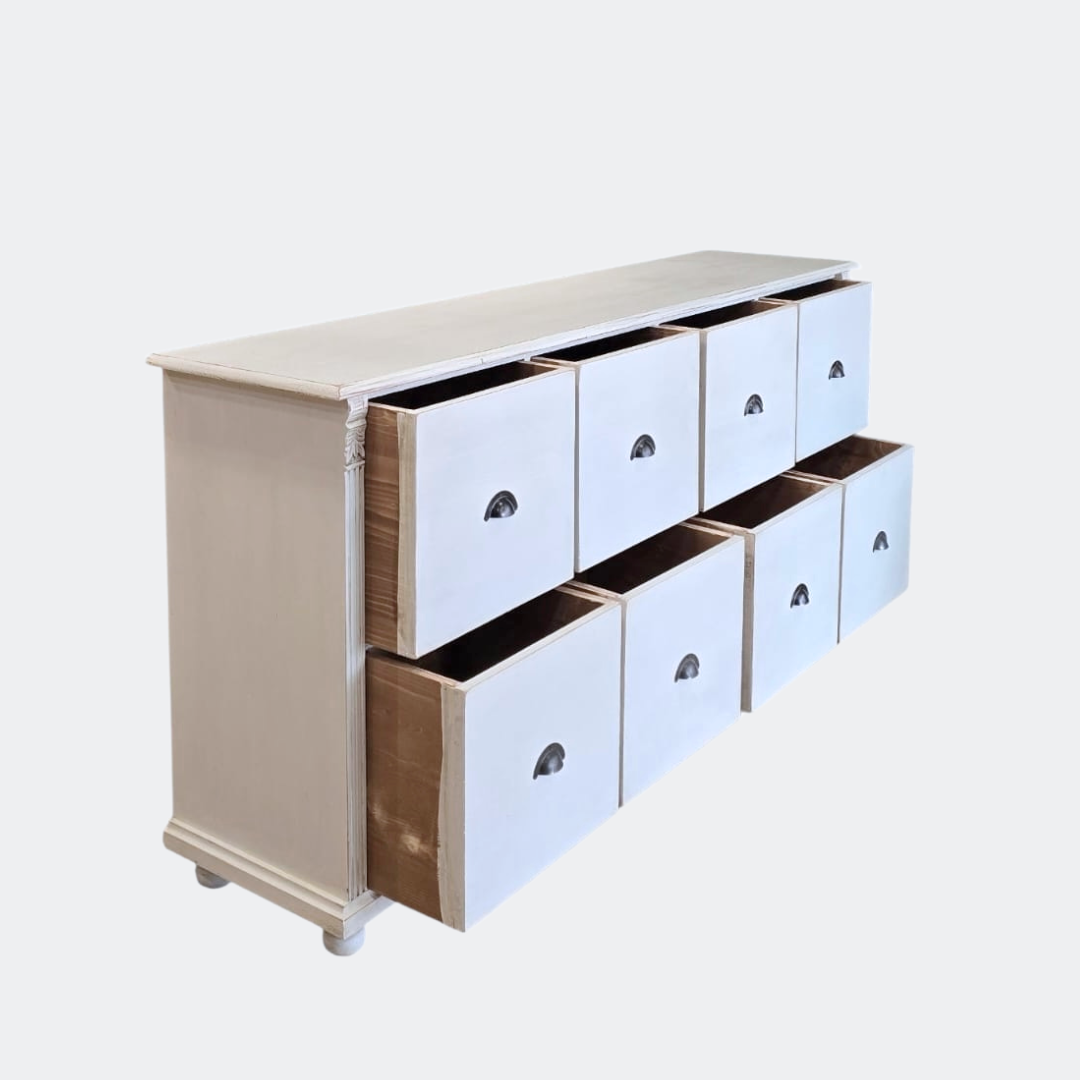 Distressed White Wood Chest of Drawers | 8-Drawer Farmhouse Storage Unit