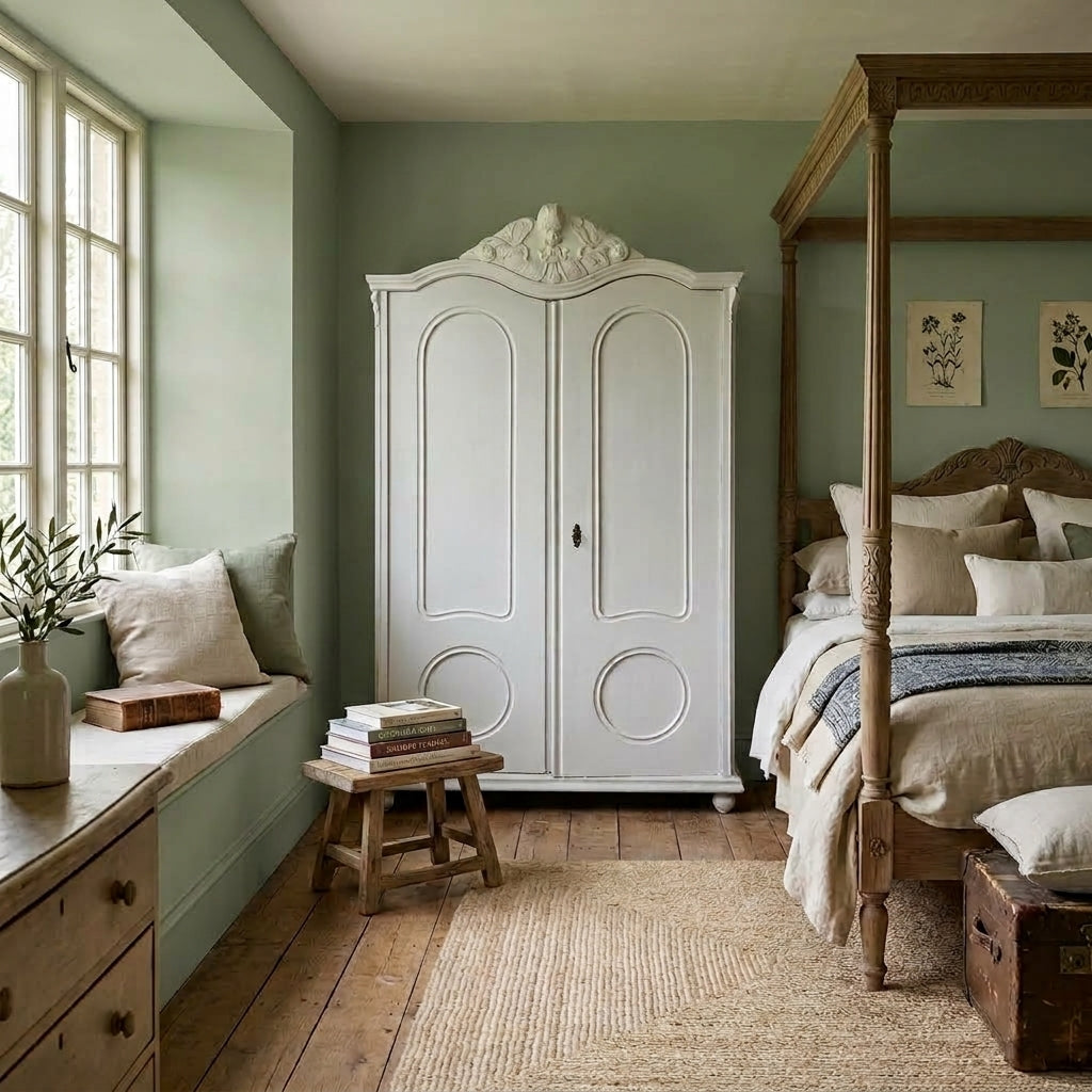 Vintage Painted Wardrobe with Carved Crest