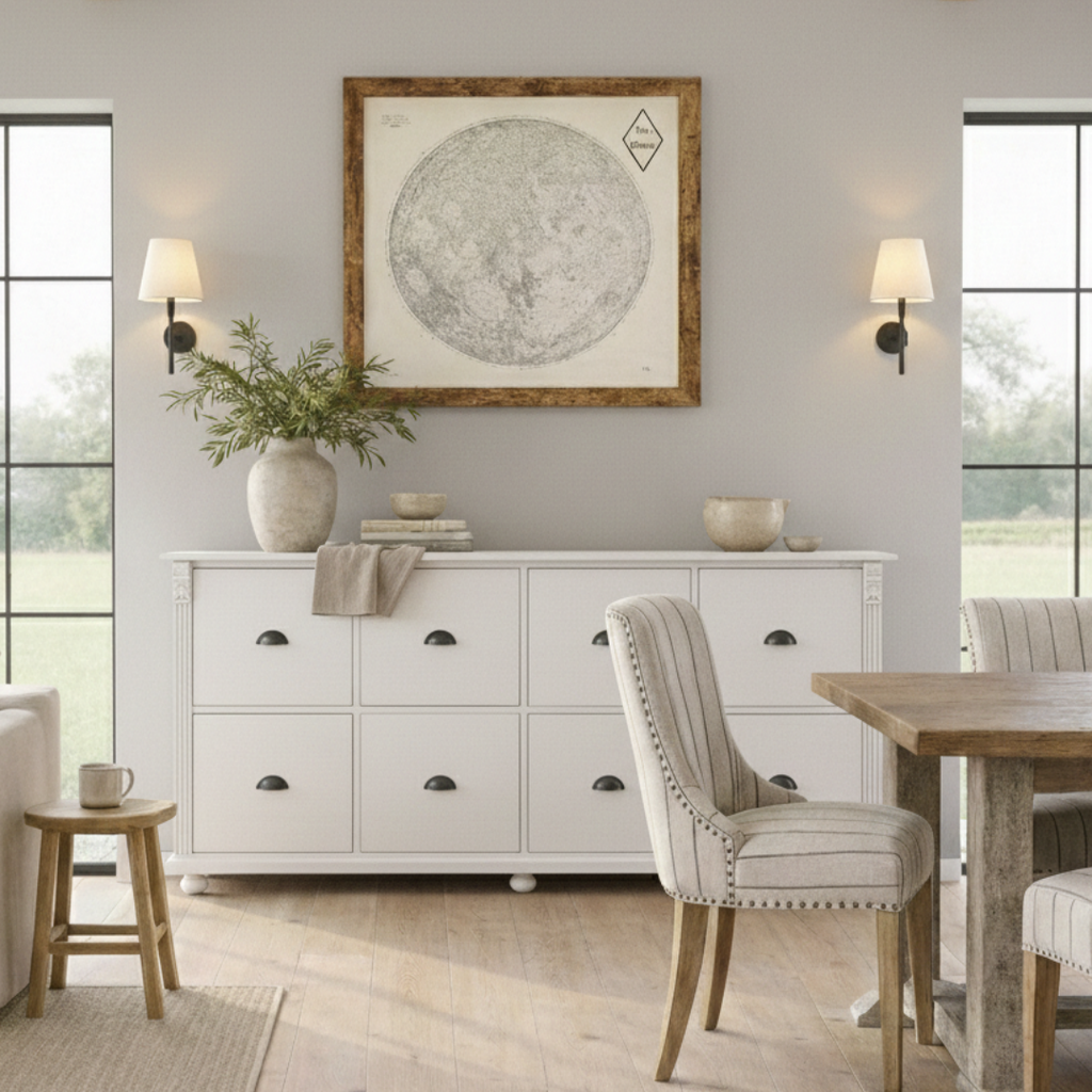 Statement eight-drawer pine chest of drawers in country livingroom interior, bespoke handmade storage furniture Surrey
