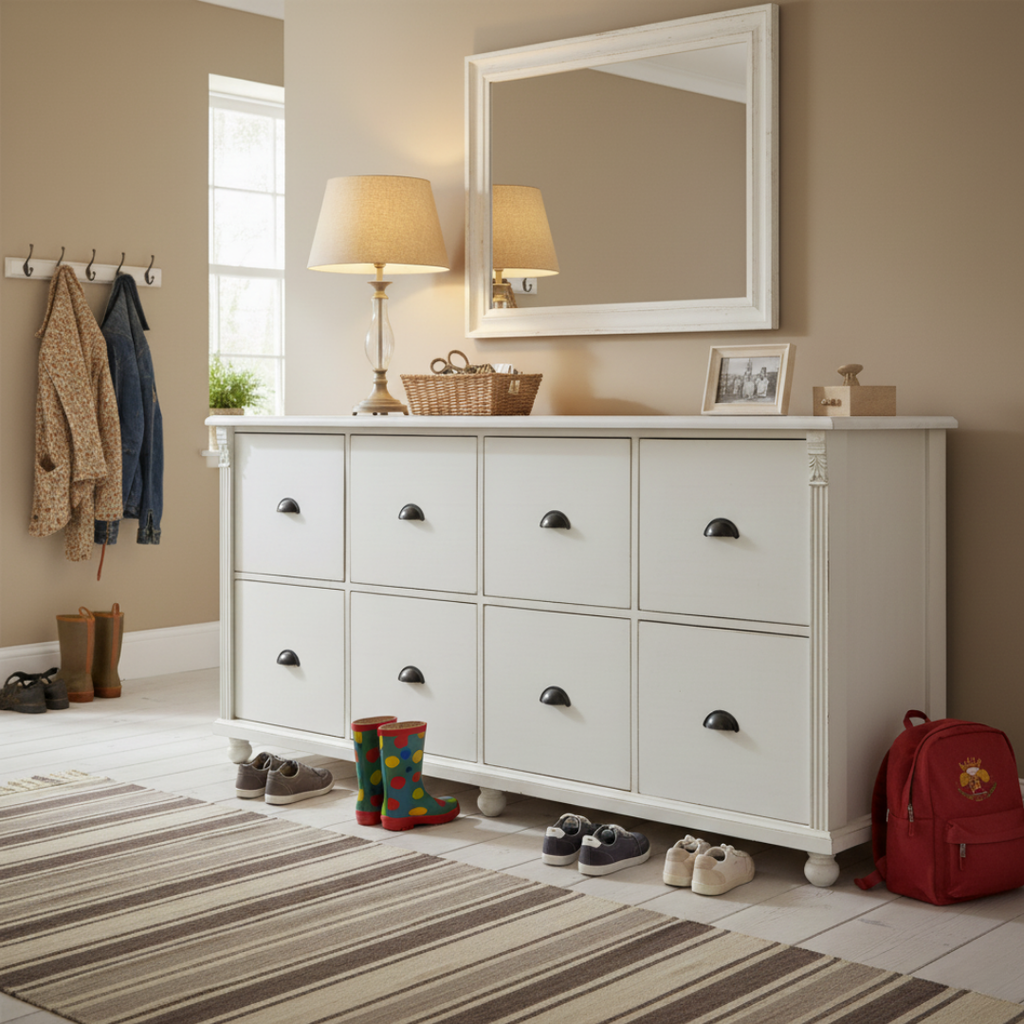 Eight-drawer solid pine chest of drawers in hand-applied distressed white finish, handmade in Europe, This Country Home