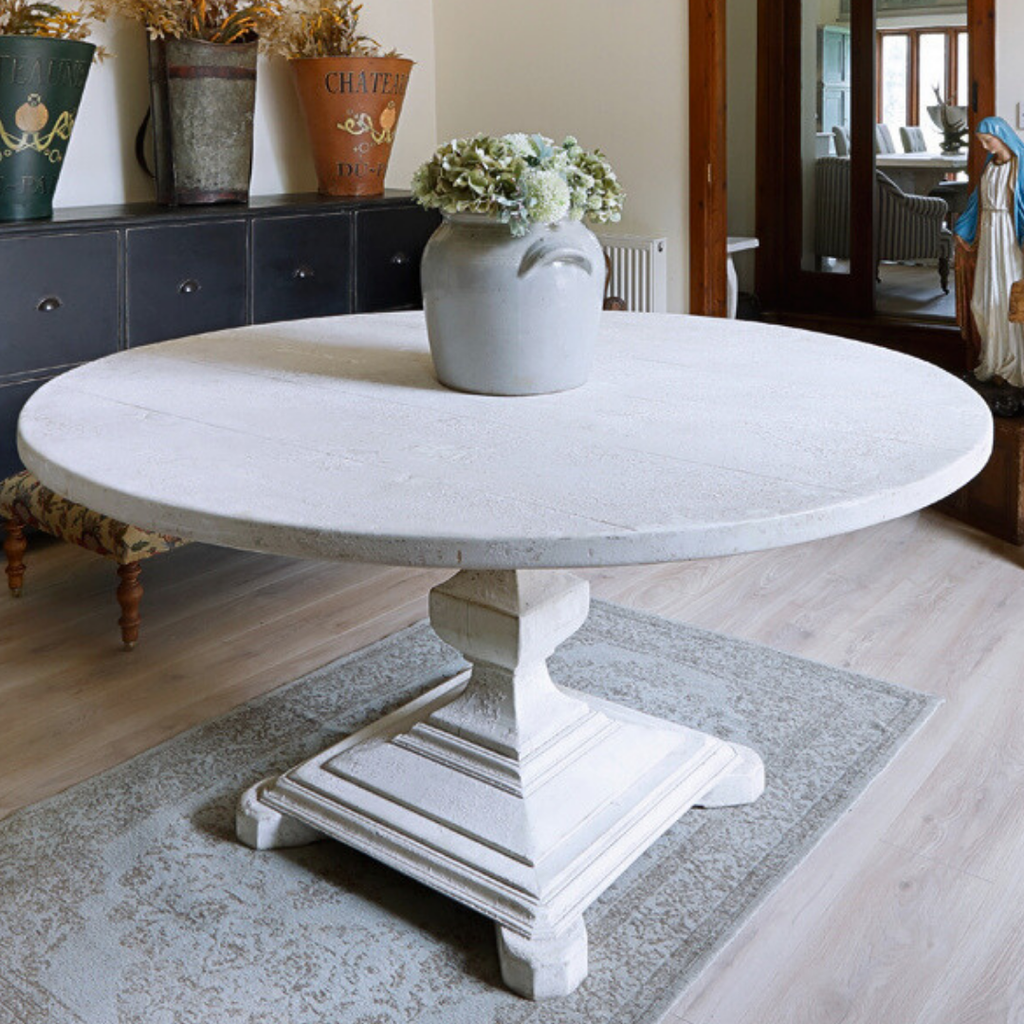 Handmade Round Rustic Pine Dining Table 6ft - Distressed White